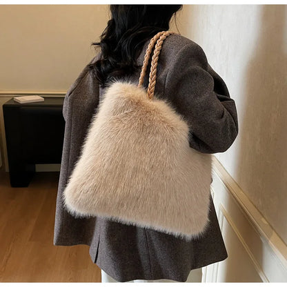 Fashion Women Furry Shoulder Bag Large Capacity Tote Handle Bag for Autumn Winter Outing Commuter Texture Versatile Storage Bags