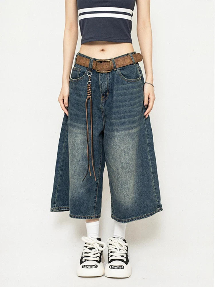 High Waist Black Retro Washed Denim Shorts Women's Harajuku Vintage Fashion Casual Loose Y2K Streetwear Mid Long  Wide Leg Pants