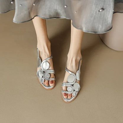 Women's New Round Head Spring/Summer Genuine Leather Sheepskin Spliced Low Heel Large Size Elastic Open Toe Sandals