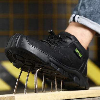 Black Leather Work Safety Shoes Waterproof Indestructible Steel Toe Cap Labor Shoes For Men Breathable Anti Smashing Sneakers