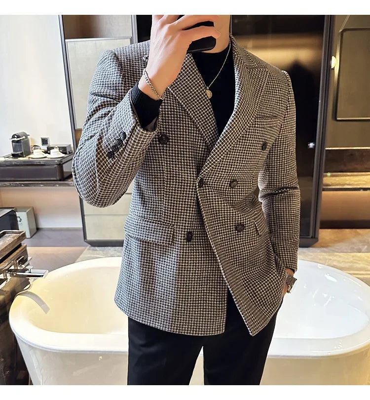 British Style Men Double Breasted Slim Fit Blazer 2024 New Houndstooth Slim Fit Suit Jacket Formal Business Wedding Dress Jacket