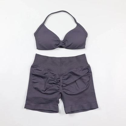 Scrunch Seamless Yoga Set Women Sportswear Ribbed Gym Shorts Strappy Sports Bra 2 Piece Set Halter Workout Clothes Fitness Suit