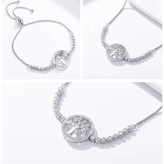 Bracelet ajustable Bolo en argent sterling 925 avec arbre de vie et oxyde de zirconium pour femme Bijoux fins SCB035