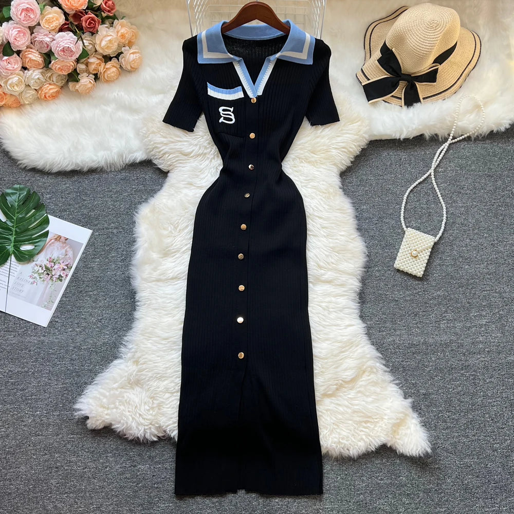 Brand Fashion Summer Knitted Dress Women 2025 New Y2K Embroidery Long Bodycon Sweater Dress Streetwear Lady Vestidos