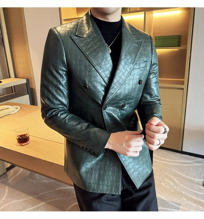 High Quality Square Grid Double Breasted Leather Jacket Fashion Business Slim Fit Casual Men Suit Blazer Tuxedos Men Clothing