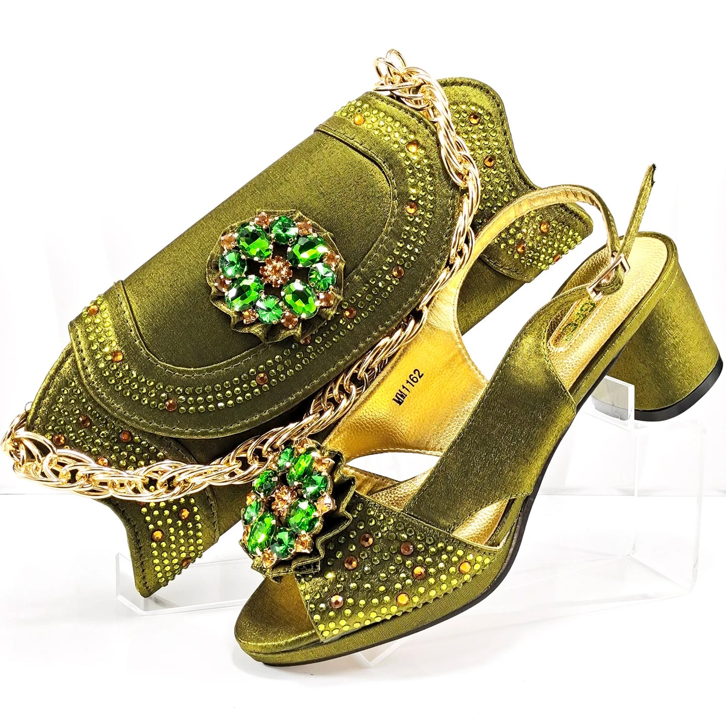 Open Toe Women Heels for 2024 Elegant Party Olive Color Diamond Pumps Italian Shoes and Bags Matching Set