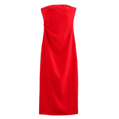 Women Fashion Summer New Sexy Split Back Zip Pleated Sleeveless Strapless Dress Chic Female French Elegant Evening