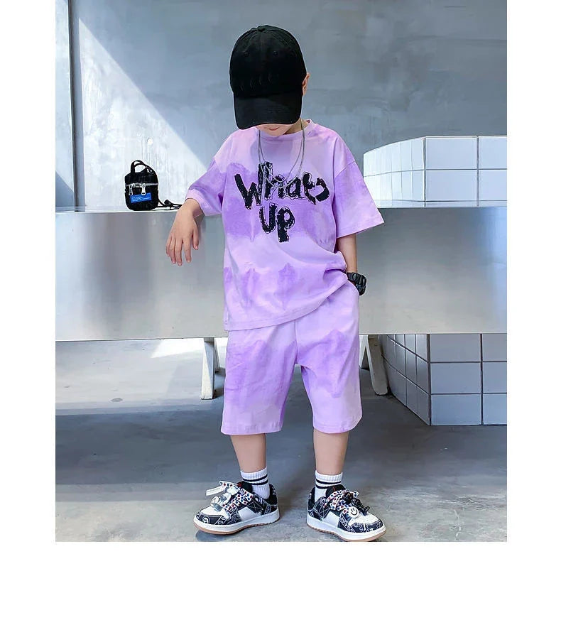 Loose Outfits Children Streetwear what's up 2024 New Boy Summer Quick dry Suit Short Sleeve TShirt + Shorts Two piece Sports Set