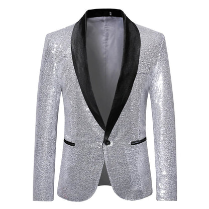 Shiny Gold Men Sequin Glitter Embellished Blazer Jacket, Nightclub Prom Suit Coats Mens Costume Homme Stage Clothes For Singers