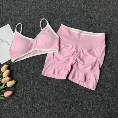 Peach Buttock Yoga Suit Women Gym Seamless Suspender Gathering Bra High Waist Hip Lifting Belly Tightening Shorts Fitness Set