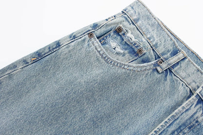 2024 Women's Street Fashion Denim Blue Jeans Distressed Patchwork High Waist Zipper Fly Ripped Retro Long Pants