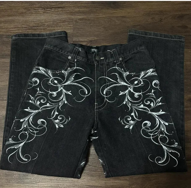 Jeans embroidered hip-hop wide-leg floor-moving Y2K mid-waist gothic individual men's pants American retro fashion trousers