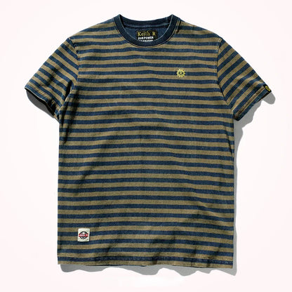 Striped T-shirt Men's Short Sleeve New Pure Cotton Slim Trend Simple Joker Round Neck Old Washed Short Sleeve T-shirt