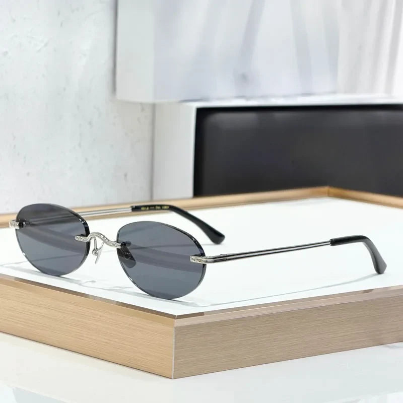 CLEO Small Oval Rimless Women's Sunglasses Alloy Men High Quality Fashion Design UV400 Handmade High Street Eyeglasses Wtih Case