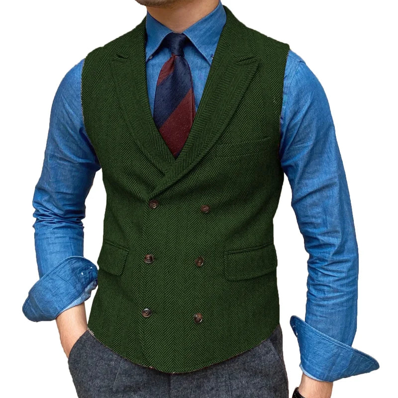 Men Vest Brown Herringbone With Lapel Waistcoat Vintage Regular Slim Business Banquet Business Casual Men Suit Vest