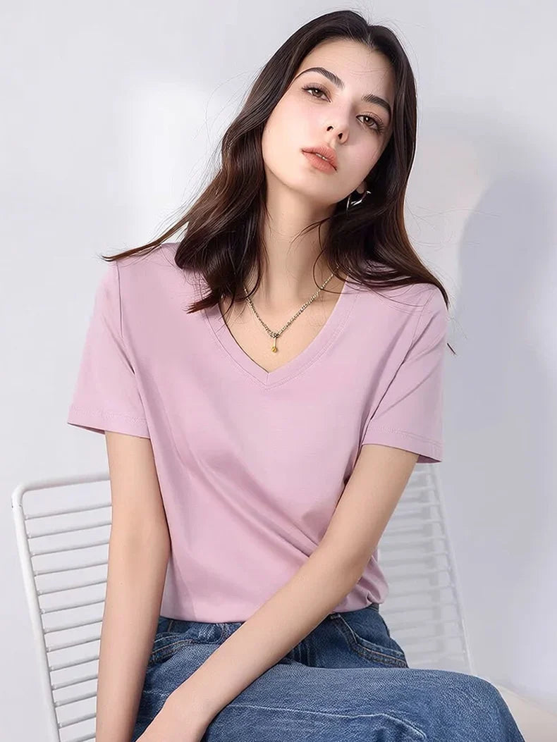 Women Solid T shirts, Silk Cotton Blend, O Neck, Short Sleeved Solid Tee,2025 Summer Candy Colors Basic Cozy Top Green