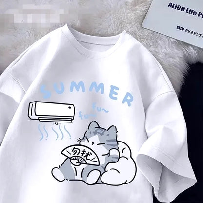 Plus Size Summer Japanese Cartoon Cute Cat Fun Print Short Sleeve T-shirt Women's Loose Casual Half Sleeve Soft Bottom Shirt Top