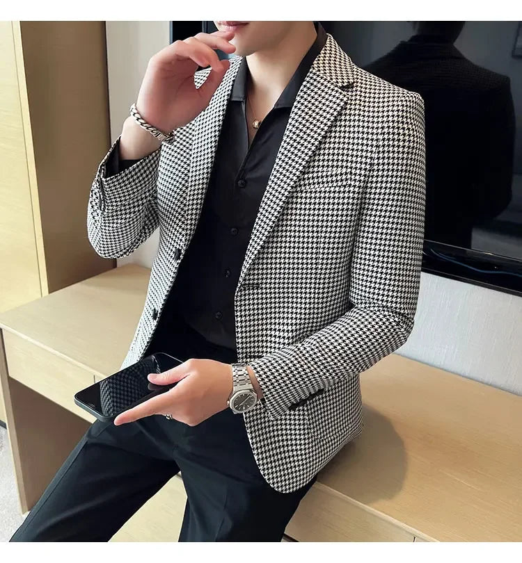 2025 Spring Men's Plaid Suit Jacket Korean Luxury Business Slim Fit Social Suit Jacket Formal Social Party Wedding Prom Tuxedo