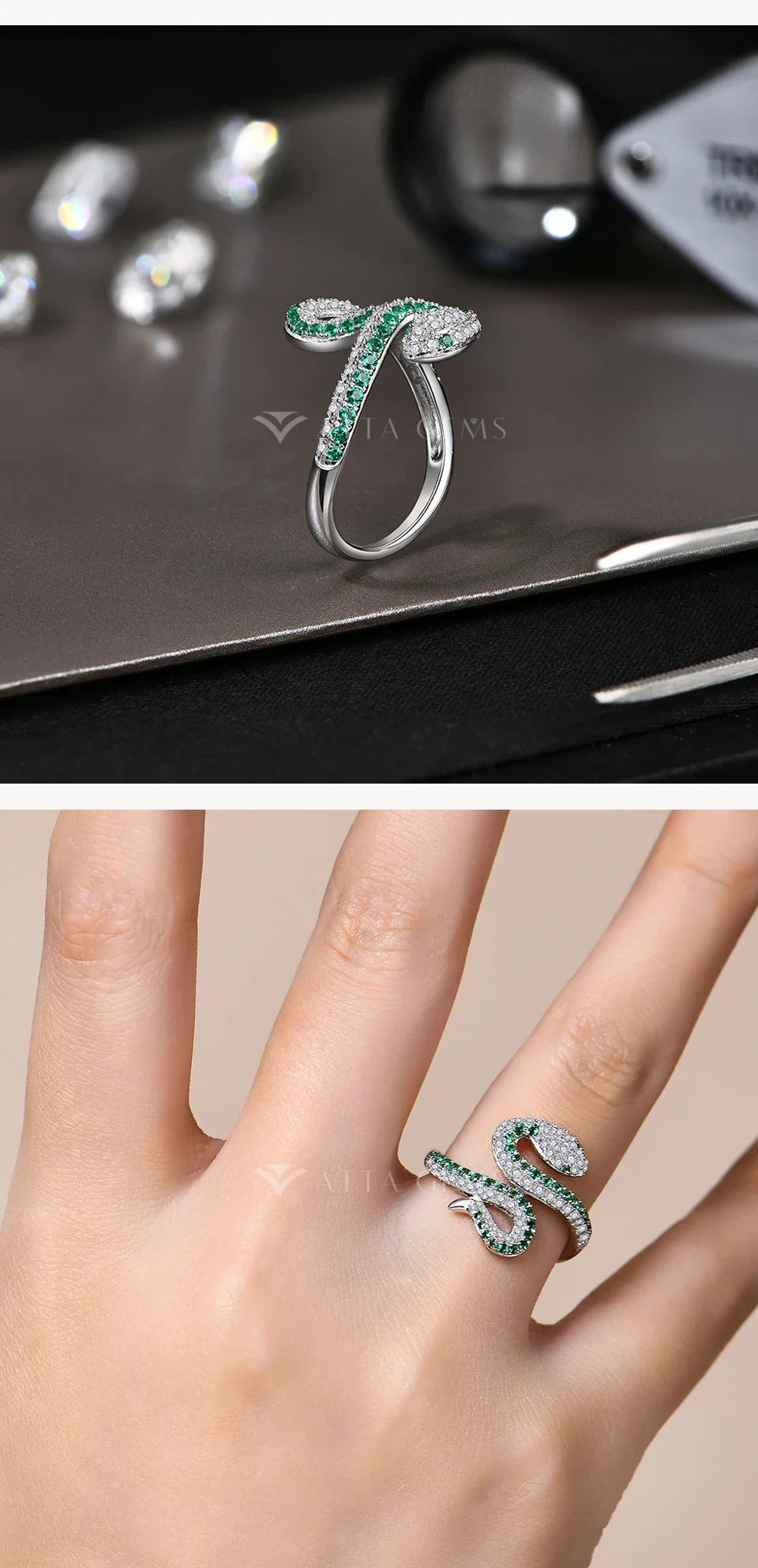ATTAGEMS Bague Serpent Entièrement Moissanite DVVS1 Couleur Diamant Argent Sterling 925 Pour Femmes Hommes Bagues de Mariage Fête Certifié