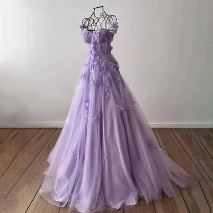 Purple Net Special Occasion Dresses 3D Flowers Sweetheart Formal Gown Spaghetti Strap Long Evening Dress 프롬 드레스 Customized