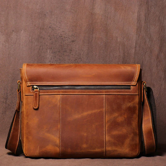Vintage Crazy Horse Leather Messenger Bag Men's Genuine Luxury Sling Shoulder Bag Office Briefcase Crossbody 12.9 Inch Ipad