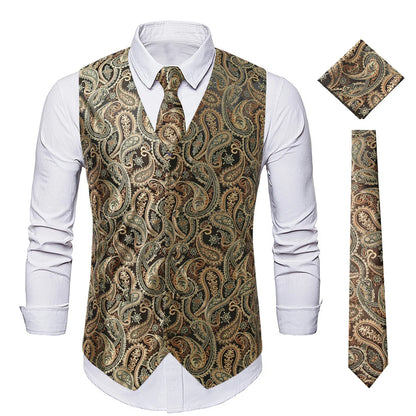 New Men Jacquard Splicing Thin Loose Suit Vest Fashion Homme Wedding Dance Party Dress Waistcoat Free with Tie