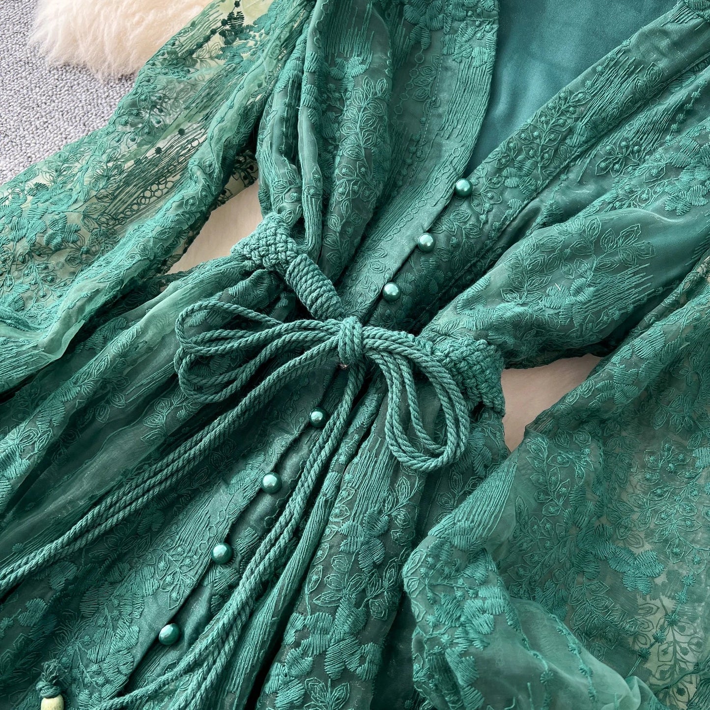 High-End Women's Dress Heavy Embroidery A-Line Long Skirt V-Neck Lantern Sleeve Single Button High Waist Korean Style Commute