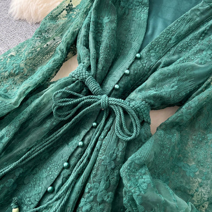 High-End Women's Dress Heavy Embroidery A-Line Long Skirt V-Neck Lantern Sleeve Single Button High Waist Korean Style Commute