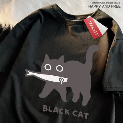Fun A Black Cat Eating Fish Japanese Style Men Women T-Shirt Fashion Print T Shirt Breathable Oversize T-Shirts Cotton Clothes