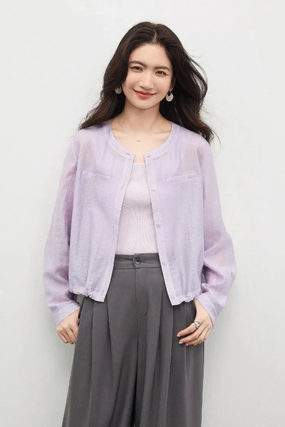 Women's Oversized Lyocell Shirt 2026 Spring Summer Round Neck Long Sleeve Drawstring Sheer Casual Top 161WB5014