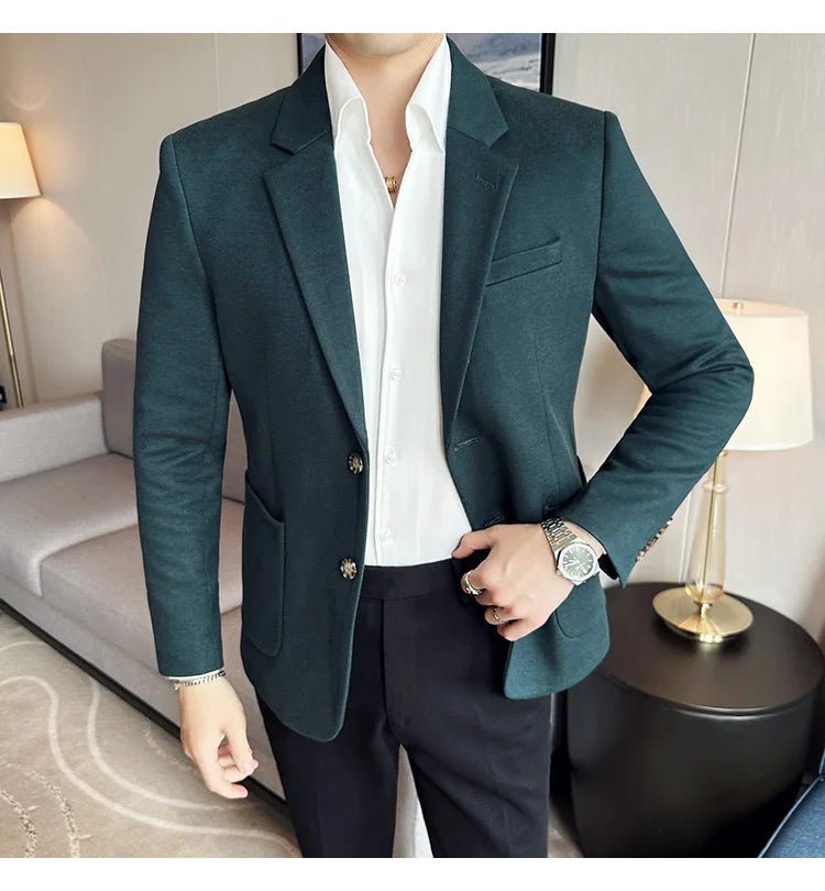 Autumn  Winter New Fine Striped Woolen Suit Jacket Men Casual Business Slim Fit Party Dress Formal Wedding Fashion Suit Coat