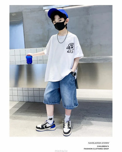 Boys New Summer Clothing Set Kids Short Sleeve T-shirt + Denim Shorts 2pc Sports Outfits for Kids Child Casual Cartoon Tracksuit