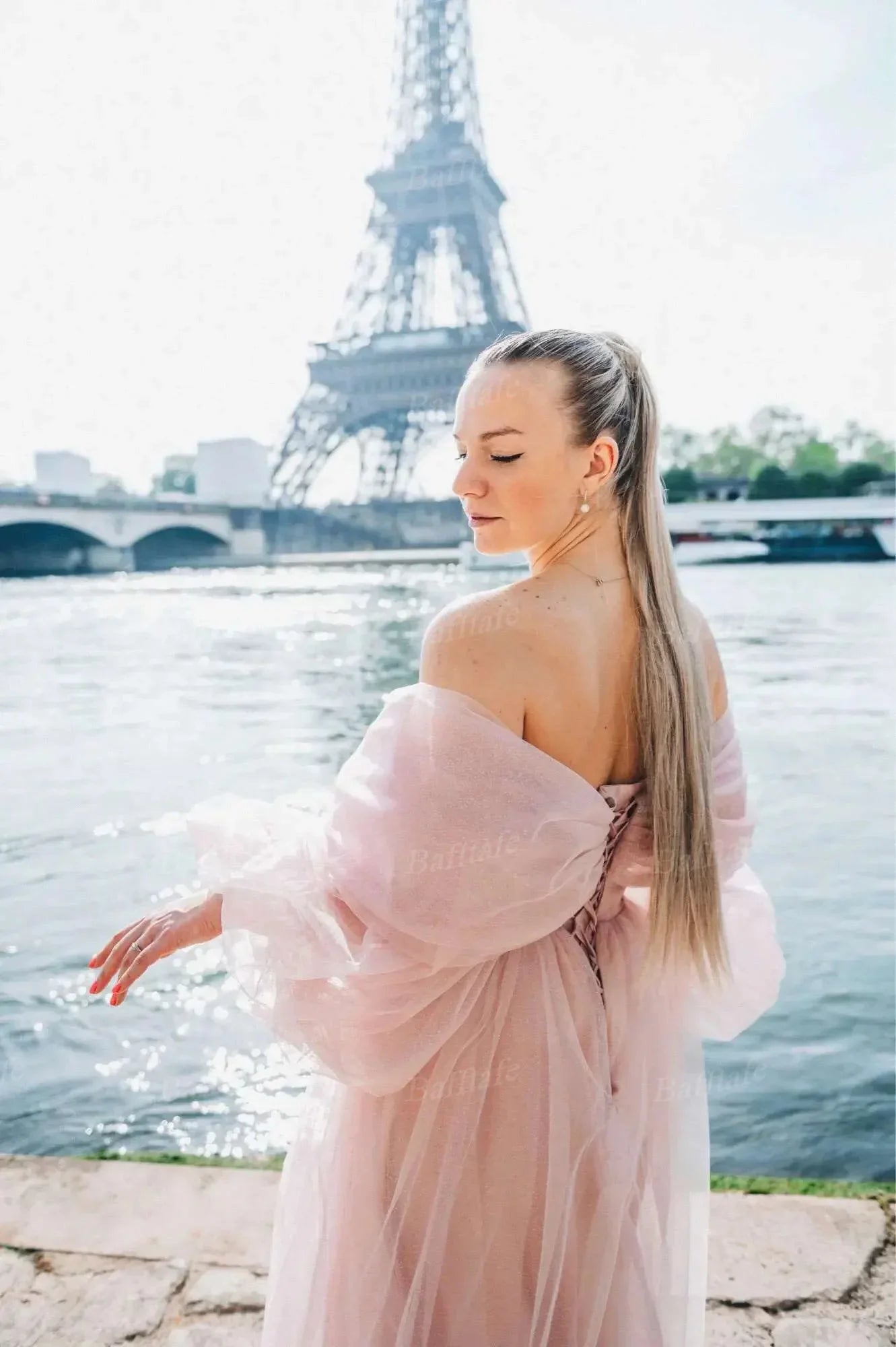 Customized Pink Shiny Tulle Prom Dresses Off Shoulder Long Puff Sleeve Evening Party Gowns Slit Women Wedding Dress