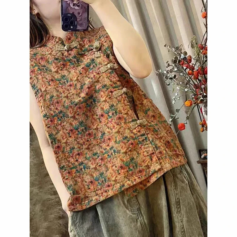 Summer Arts Style Women Sleeveless Single Breasted Loose Vest Vintage Floral Print Cotton Linen Vests Coats High Quality TY89