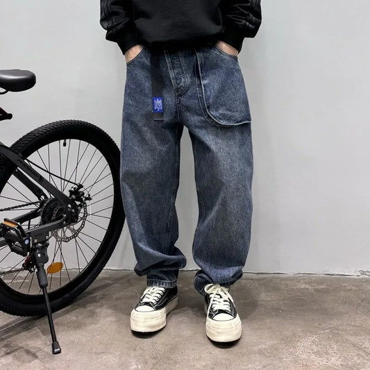 Spring Korean Vintage Men'S Jeans Three-Dimensional Large Pockets And Diagonal Zipper Design Wide Leg Casual Straight Leg Pants