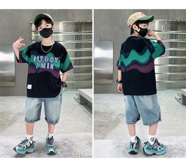 Summer Boy Denim Shorts and Top Clothes Set Outfit Kids Fashion 2-Piece Suit Korean Children Streetwear Tracksuit 5 6 7 9 10 14Y
