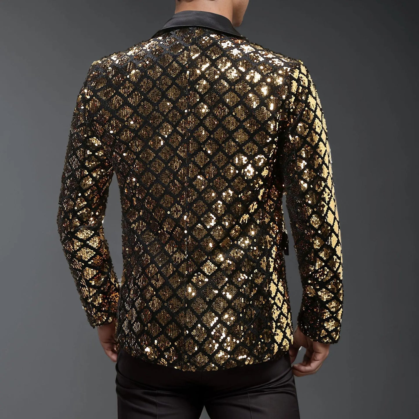 Men's Gold Suit Jacket, Wedding Party Dress Coat, Silver Blue Black Round Metallic Sequin Decoration Blazers.
