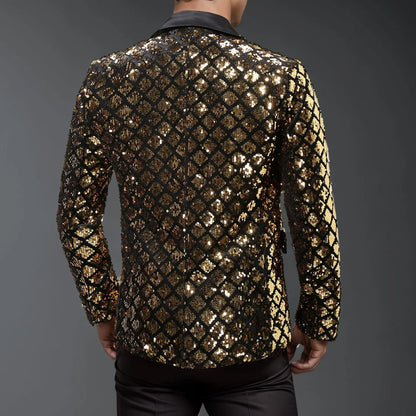 Men's Gold Suit Jacket, Wedding Party Dress Coat, Silver Blue Black Round Metallic Sequin Decoration Blazers.