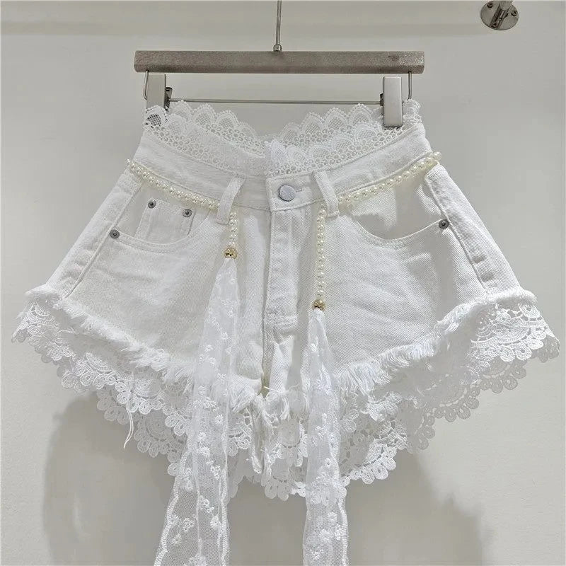 2026 Summer Denim Shorts New Splicing Hook Flower Lace Lace with Waist Rope Tassel Denim Shorts Women's Hot Pants Trend
