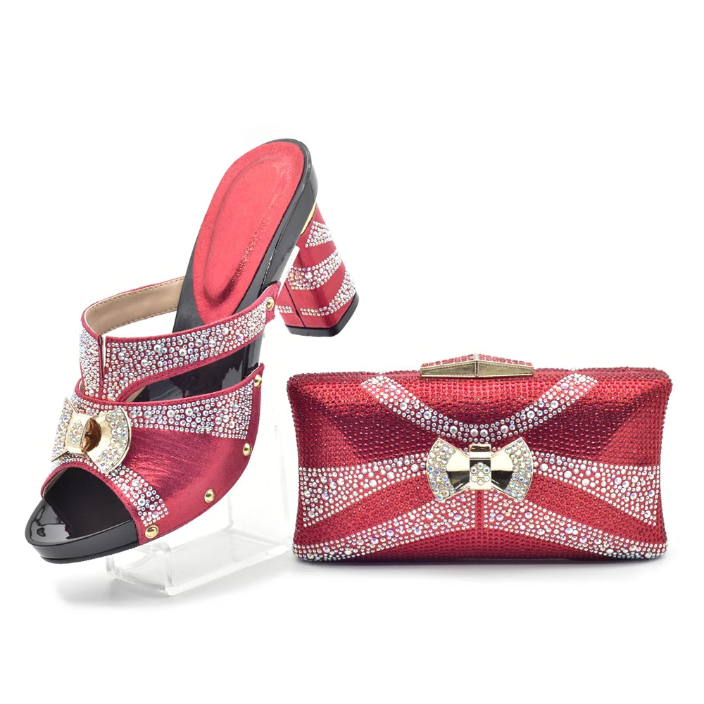 Latest Red Color Italian Ladies Shoes and Bag Sets Decorated with Rhinestone African Matching Shoes and Bags Italian In Women