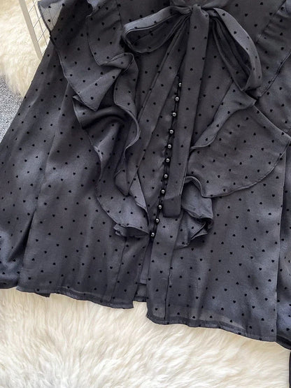 French Sweet Long Sleeved Blouse Women's Clothing Spring Autumn Bow Ruffle Edge Polka Dot Printed Chiffon Shirt Top C42