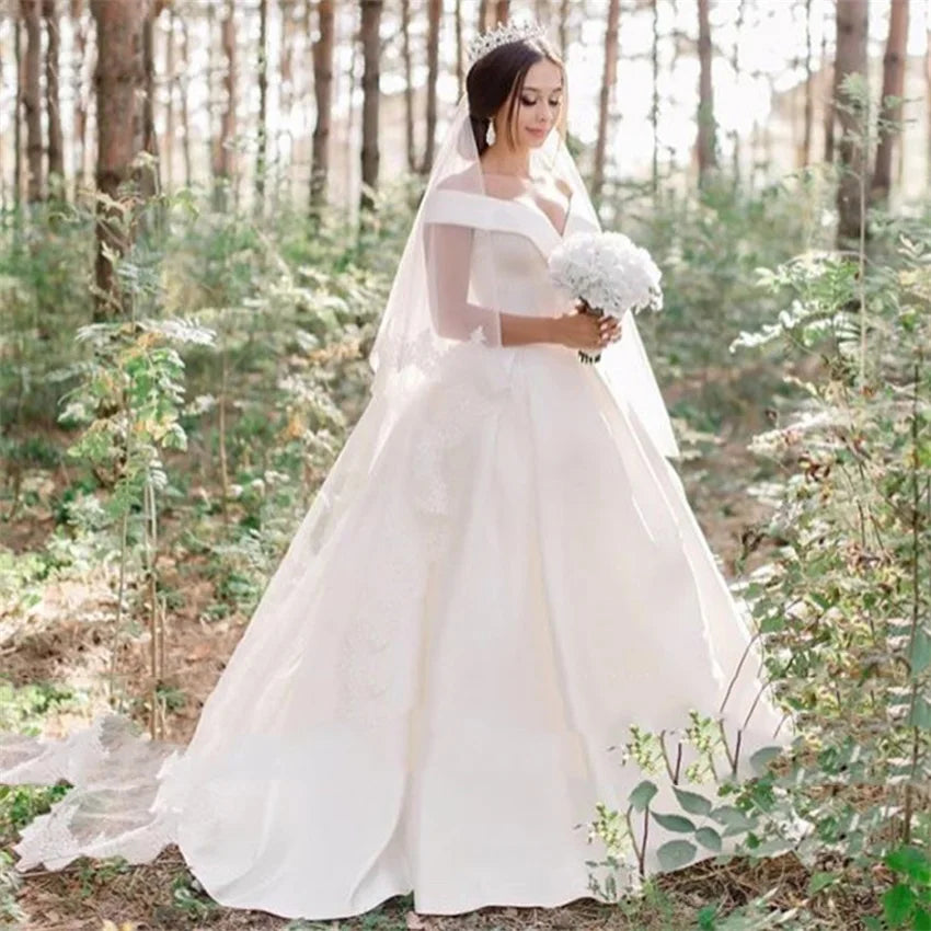 Simple Satin Wedding Dresses Sexy V-neck Off The Shoulder A-line Floor Length robe de mariée Fiesta De Boda