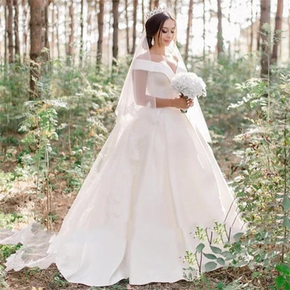 Simple Satin Wedding Dresses Sexy V-neck Off The Shoulder A-line Floor Length robe de mariée Fiesta De Boda