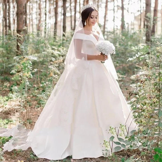 Simple Satin Wedding Dresses Sexy V-neck Off The Shoulder A-line Floor Length robe de mariée Fiesta De Boda