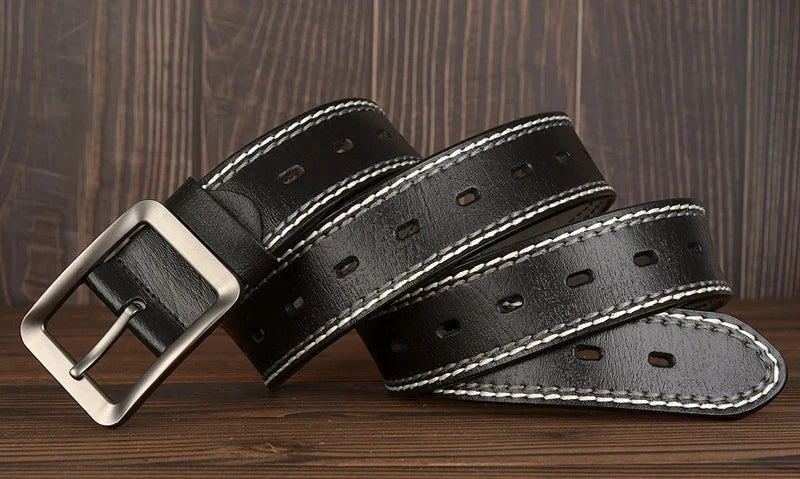 3.8CM Fashion Men Belts Genuine Leather Luxury Designer Vintage Thread Waist Belt For Jeans Cinturon Cowboy Hombre Dropshipping