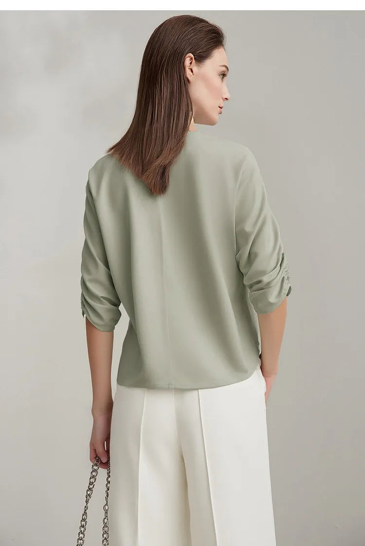 Women's Blouse 2026 Summer New V-Neck Asymmetric Pleated Mid Sleeve Shirt Relaxed Fit Office Casual Top For Women 12622117