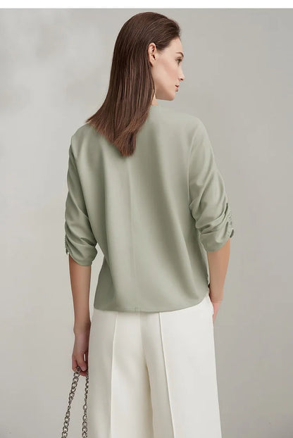Women's Blouse 2026 Summer New V-Neck Asymmetric Pleated Mid Sleeve Shirt Relaxed Fit Office Casual Top For Women 12622117