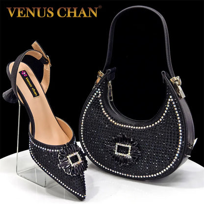 Elegant Nigerian Women’s Italian Design Black Heels and Handbag Set With Rhinestone Accents for Wedding and Party