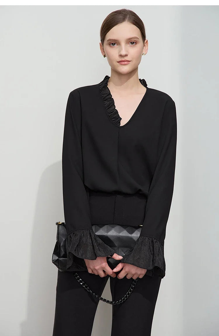 Minimalist Chiffon Shirt For Women 2025 Autumn New Office Lady V-neck Ruffle Splicing Loose Long Sleeved Blouse 12511078