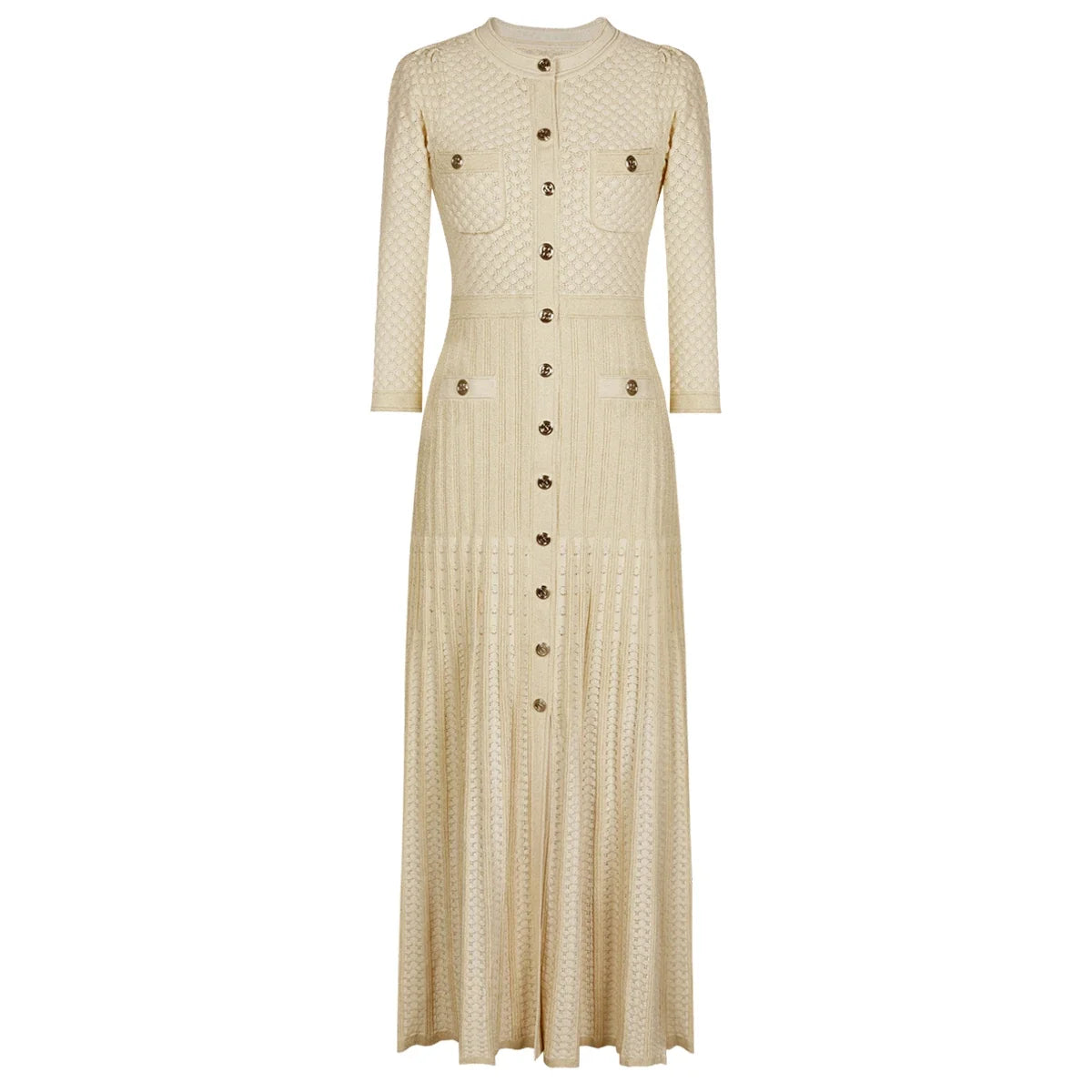 High Quality Fashionable Elastic Bright Silk Knitted Round Neck 7-inch Sleeve Single Row Button Lace Slim Fit Women's Dress